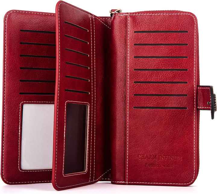Women's large capacity wristlet wallet, premium PU leather, RFID blocking, perfect for daily use.