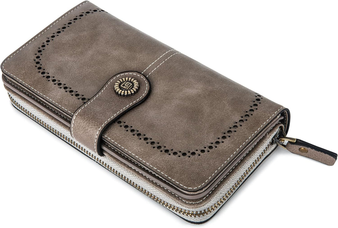Women's elegant PU leather wristlet wallet, large capacity, secure RFID blocking, for cards & cash.