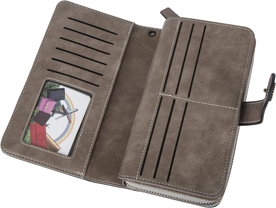 Women's stylish leather wristlet wallet, large capacity, RFID blocking, ideal for travel & errands.