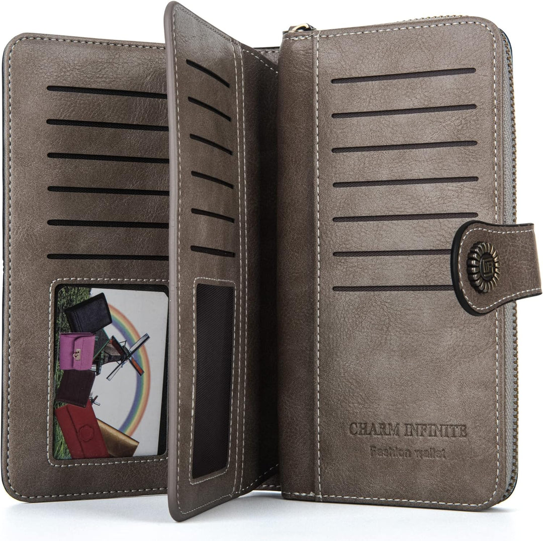 Secure women's PU leather wristlet wallet, large capacity, RFID protected card holder.