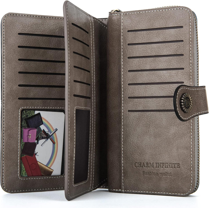 Secure women's PU leather wristlet wallet, large capacity, RFID protected card holder.