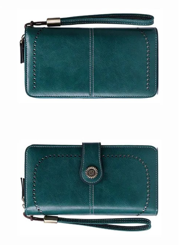 Women's large capacity wristlet wallet, PU leather, RFID blocking, for secure and organized travel.