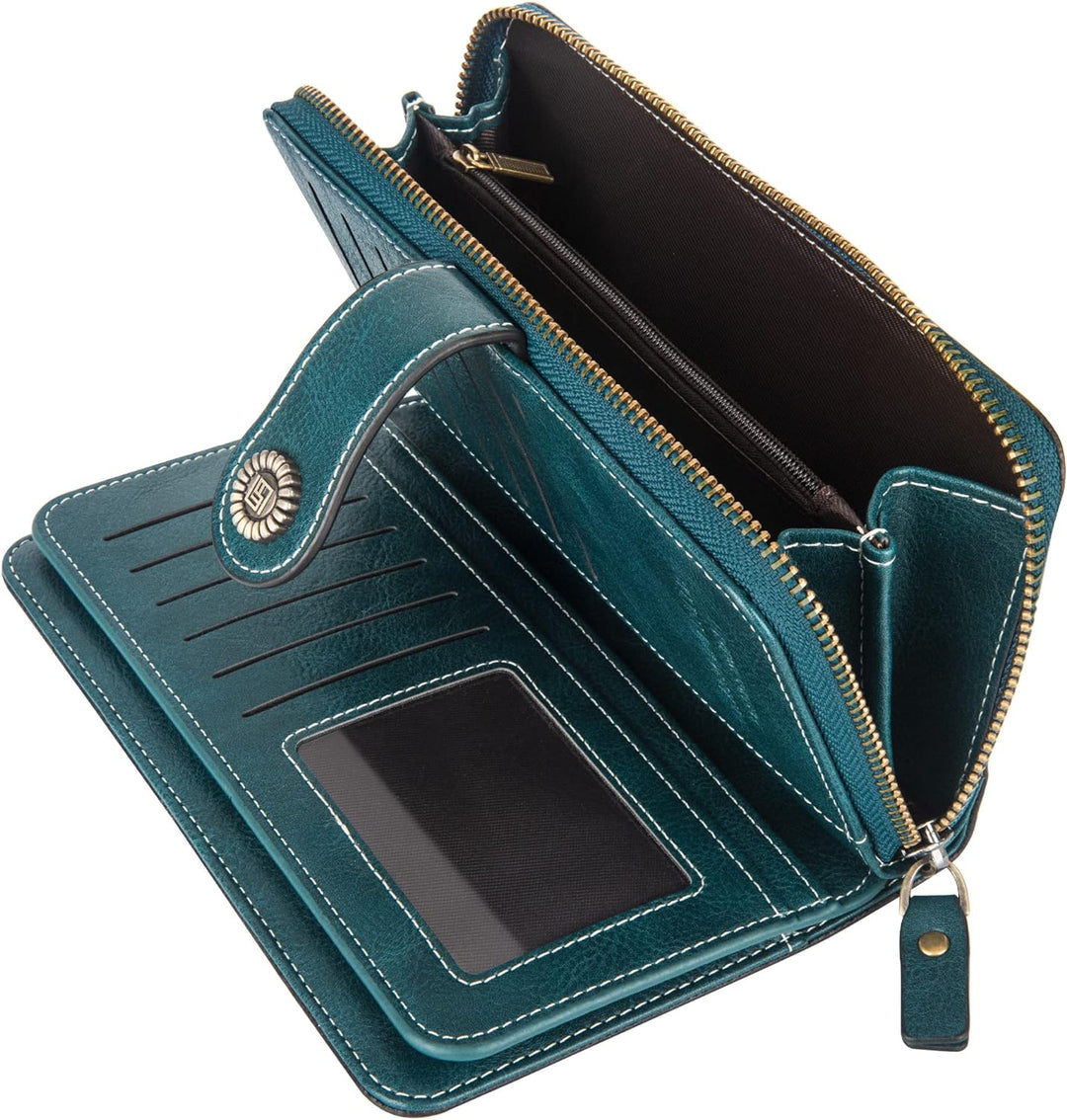 Side profile of women's large capacity PU leather wristlet wallet, RFID blocking feature.