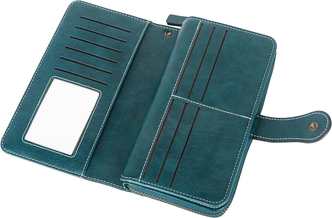 Back view of women's durable PU leather wristlet wallet, large capacity, with RFID protection.