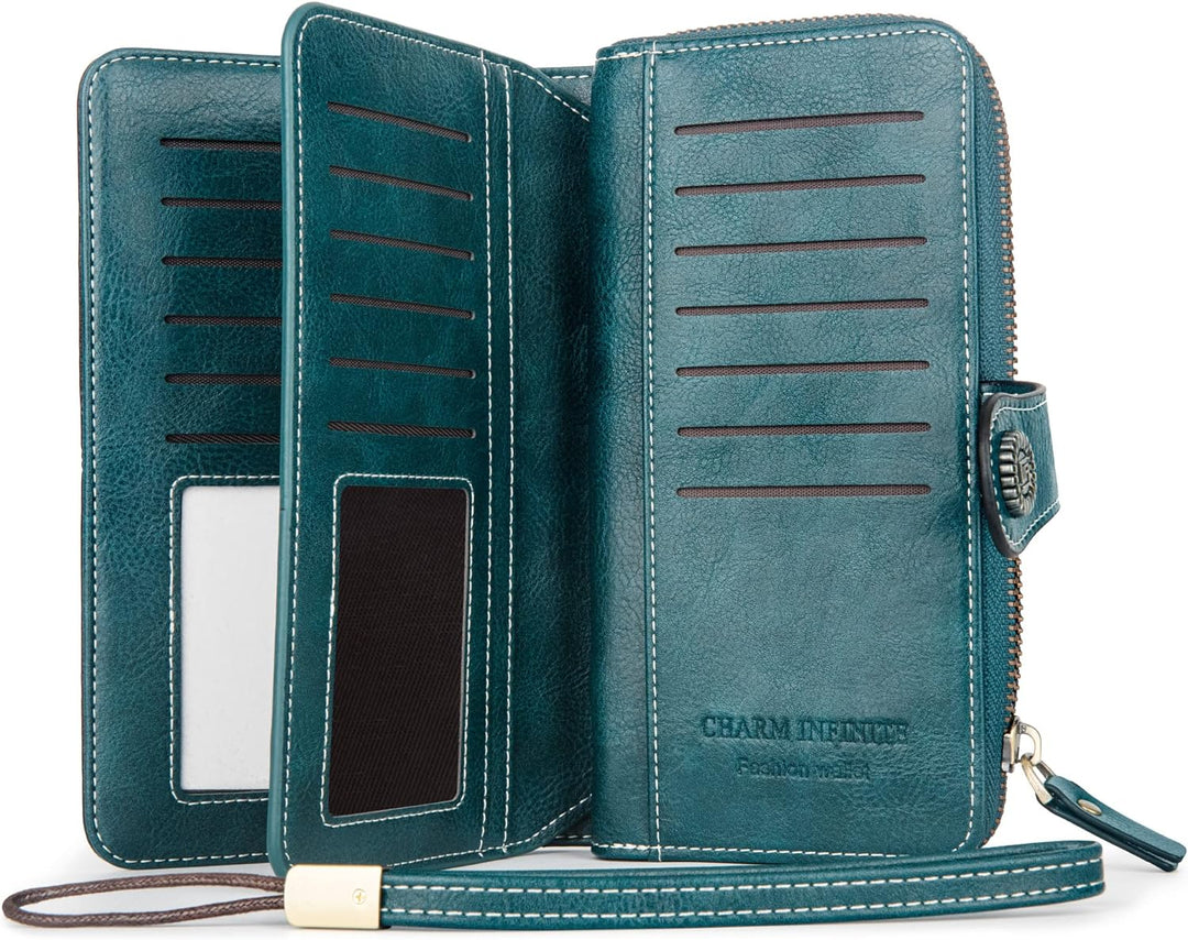 Women's RFID blocking wristlet wallet, large capacity, PU leather, perfect for organized cards.