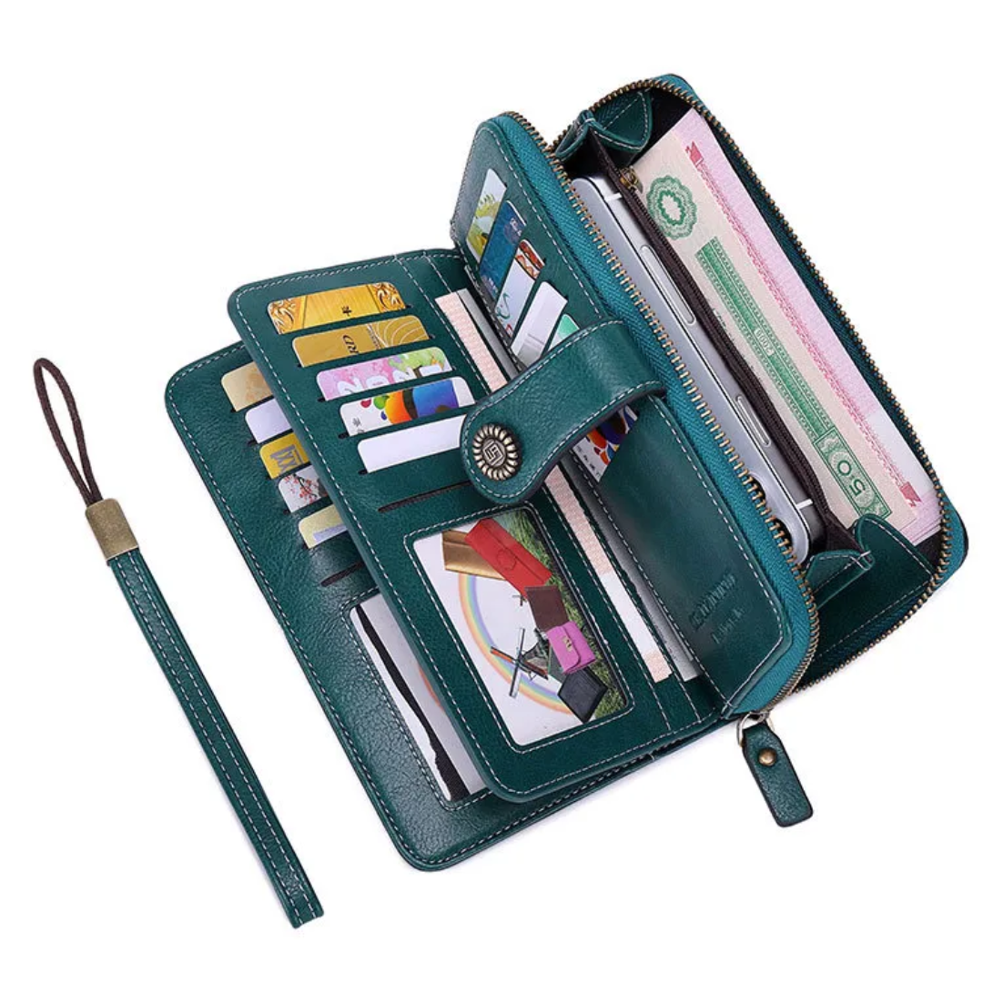 Modern women's wristlet wallet, large capacity, PU leather, RFID protected, for secure essentials.