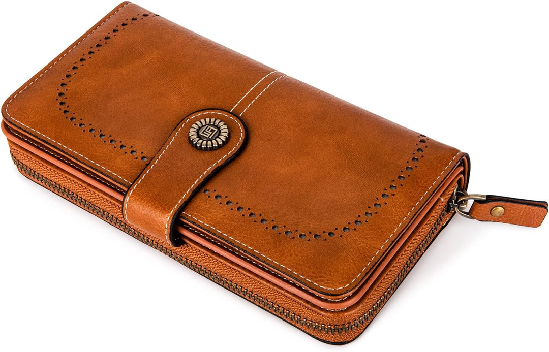 Wristlet wallet for women, large capacity, PU leather, stylish design, RFID protected storage.