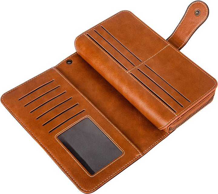 Smart women's wristlet wallet, large capacity, PU leather, RFID blocking technology for cards.