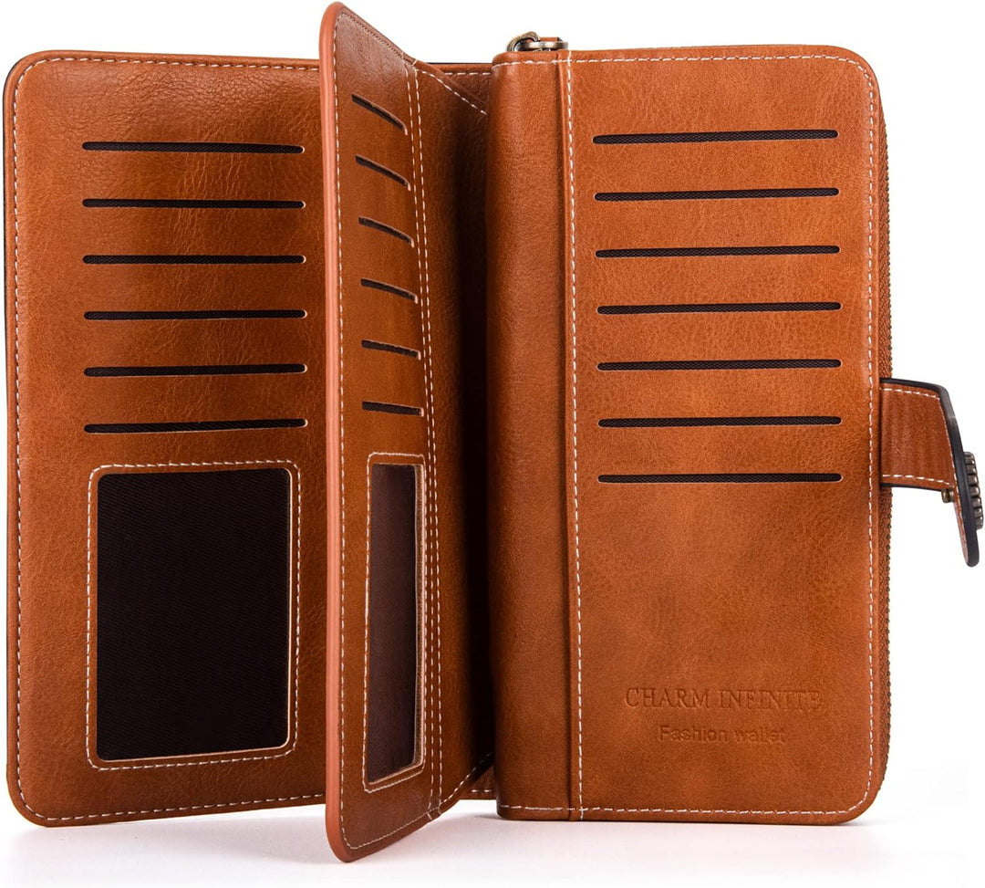 Everyday women's wristlet wallet, large capacity, PU leather, RFID blocking, secure card organization.