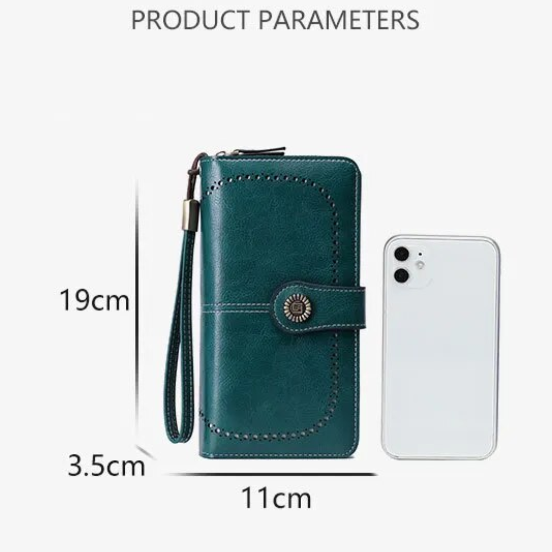 Women's PU leather wristlet wallet, large capacity, RFID protected, elegant clutch for travel.