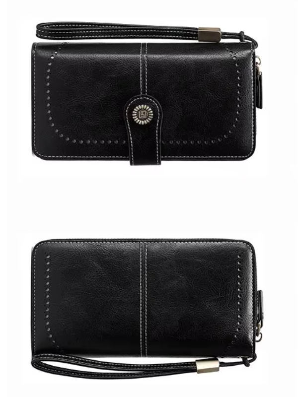 Interior of women's large capacity wristlet wallet showing card slots & compartments, RFID protected.