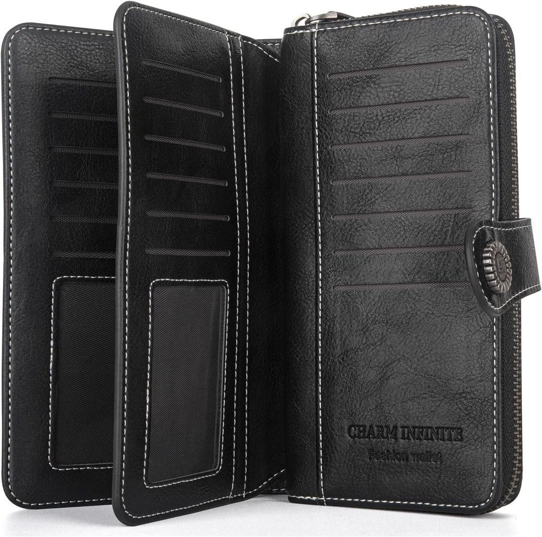 Women's PU leather wristlet wallet filled with cards & cash, large capacity, RFID blocking.