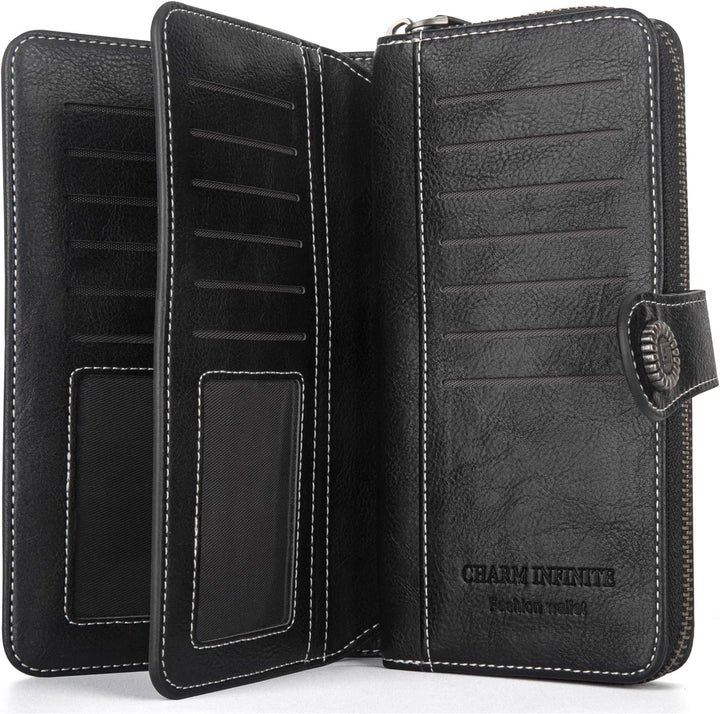Women's PU leather wristlet wallet filled with cards & cash, large capacity, RFID blocking.