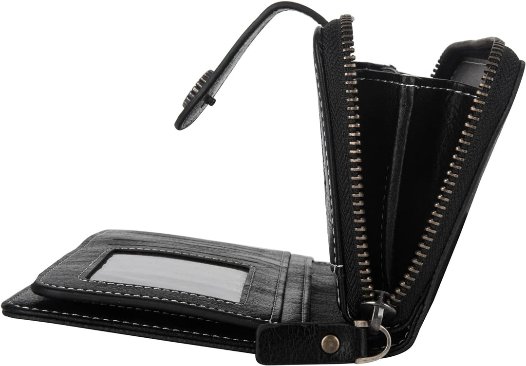 Woman's hand holding a stylish PU leather wristlet wallet, large capacity, RFID secure.