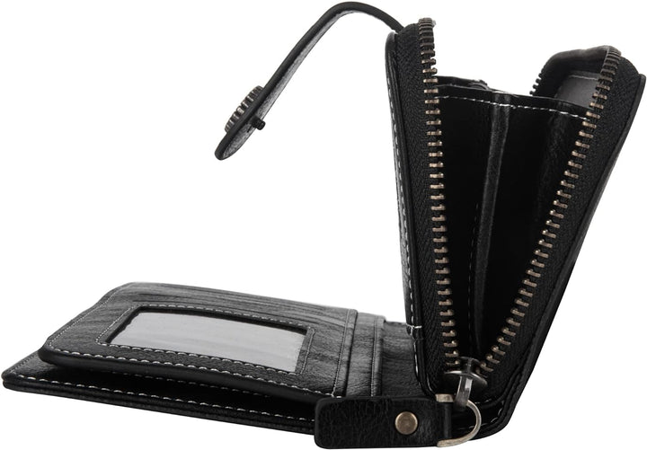 Woman's hand holding a stylish PU leather wristlet wallet, large capacity, RFID secure.