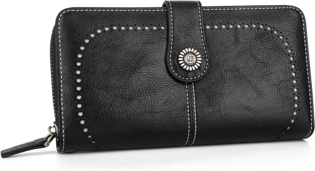 Women's PU leather wristlet wallet, large capacity, with secure RFID protection. Stylish travel accessory.