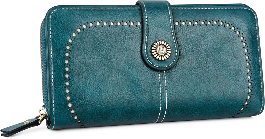 Secure women's leather wristlet wallet with RFID protection. Large capacity for cards & essentials.