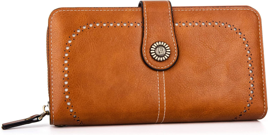 Front view of women's stylish PU leather wristlet wallet, large capacity, with RFID protection.