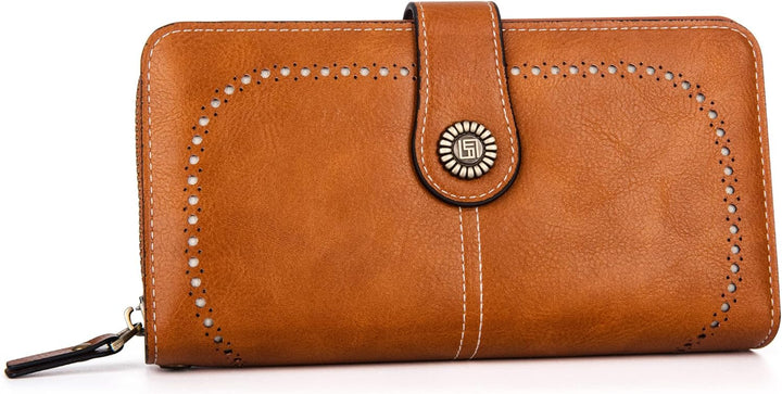 Front view of women's stylish PU leather wristlet wallet, large capacity, with RFID protection.