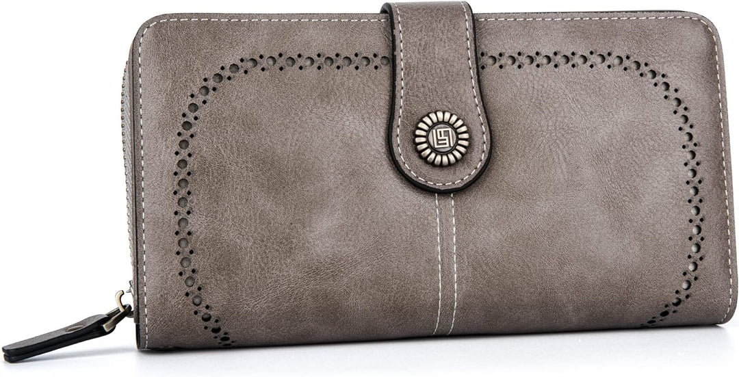 Elegant women's PU leather clutch purse wristlet, large capacity, RFID blocking, perfect for travel.