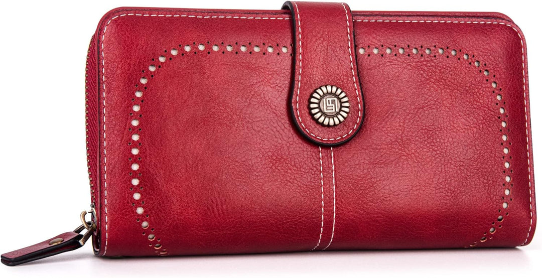 Organized women's wristlet wallet, large capacity card holder, PU leather, RFID protected.