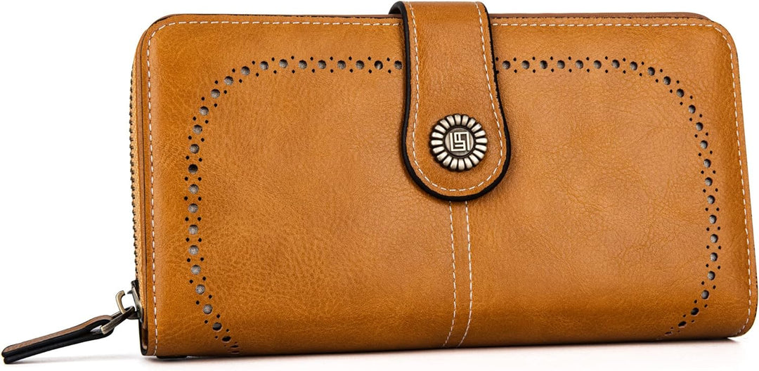 Stylish women's large capacity wristlet wallet, PU leather, RFID blocking for secure card storage.