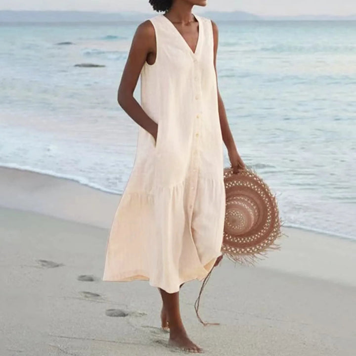 Elara women's stylish V-neck linen midi dress, an elegant summer fashion trend for casual spring outfits.