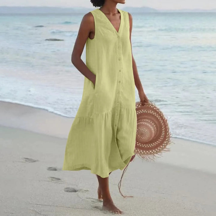 Breathable linen V-neck midi dress for women. A comfortable & stylish choice for summer fashion & spring.