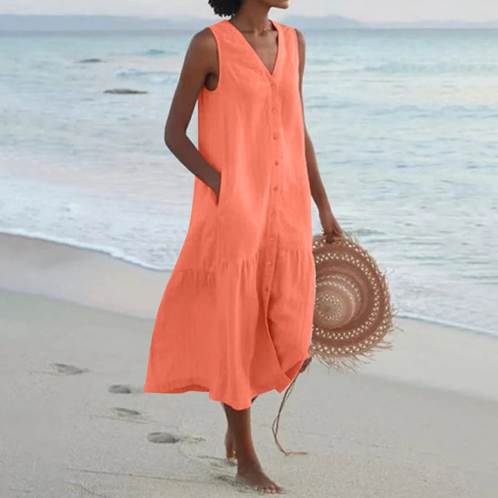 Stylish women's V-neck linen dress, ideal for summer fashion, spring outfits, or versatile casual wear.