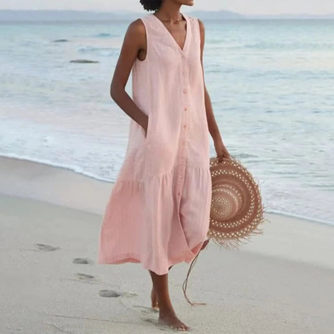 Fashionable women's V-neck summer dress in linen. A comfortable, elegant midi dress for spring & summer.