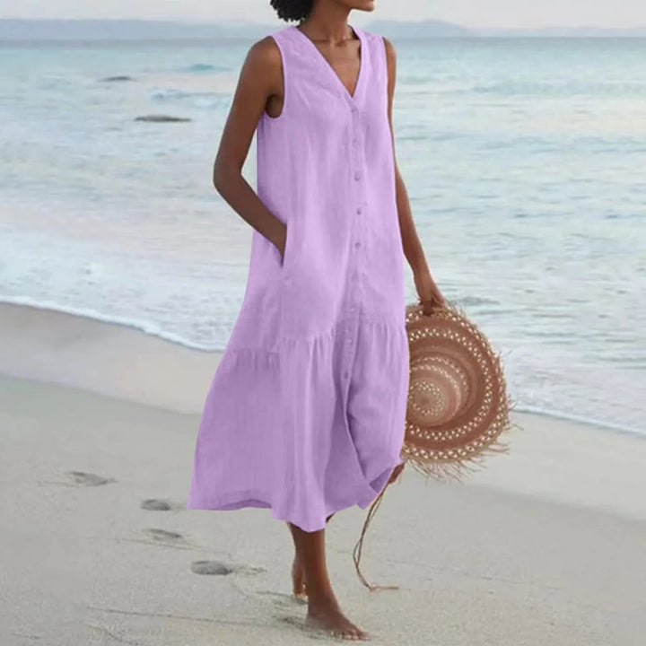 Elegant women's V-neck summer dress, midi length, made of breathable linen for versatile casual wear.