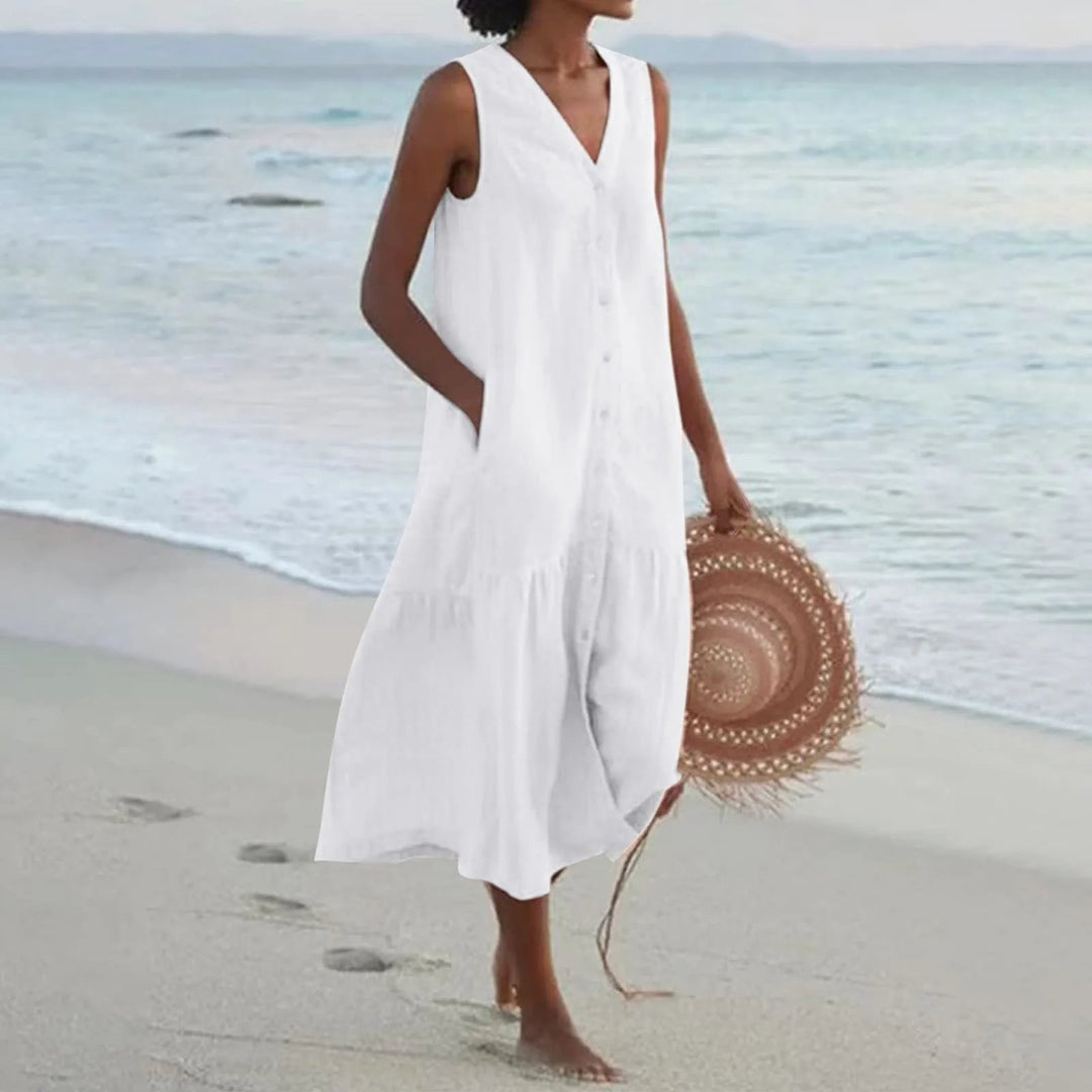 Women's stylish linen V-neck midi dress, perfect for elegant summer fashion or casual spring outfits.
