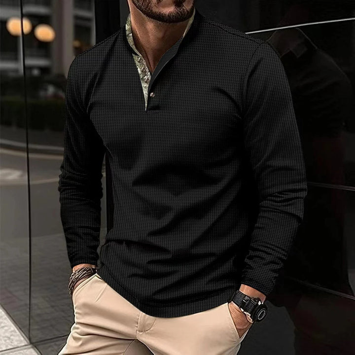Comfortable Finn men's long sleeve polo shirt, a classic and versatile top for men's smart casual fashion.