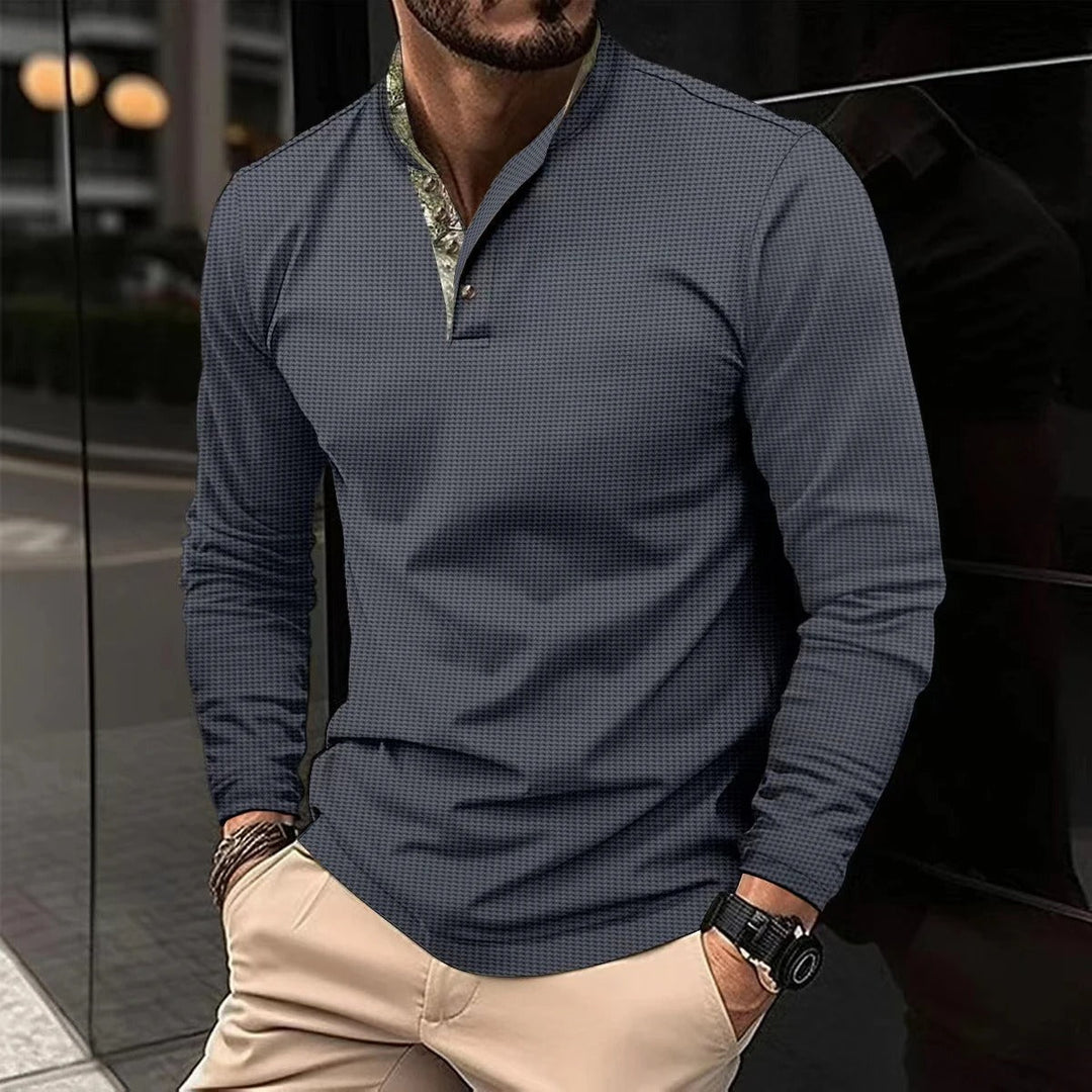 Effortlessly stylish men's long sleeve polo shirt for a smart casual or comfortable everyday men's outfit.