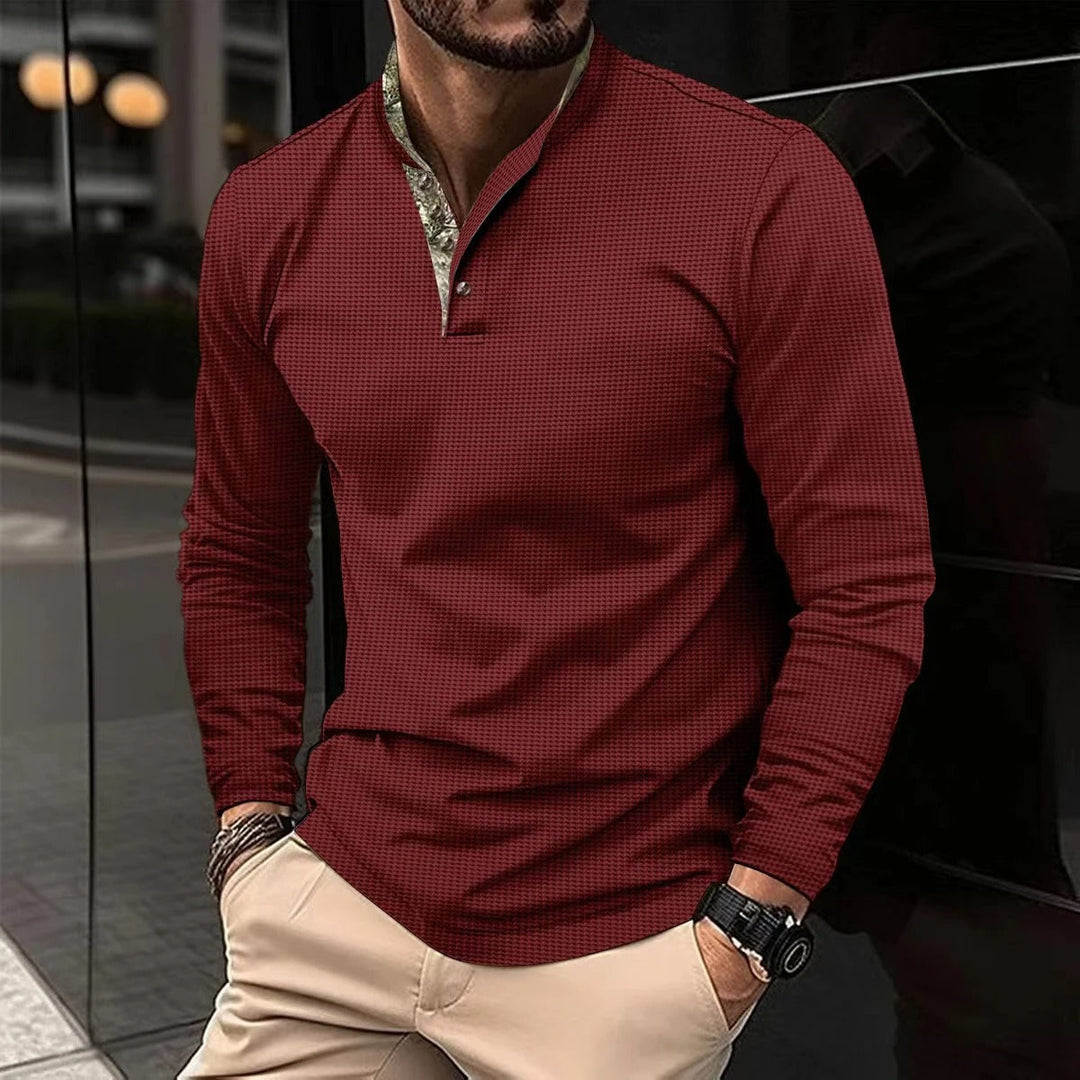 Stylish men's long sleeve polo, Finn model, perfect versatile top for men's fashion & seasonal smart casual outfits.