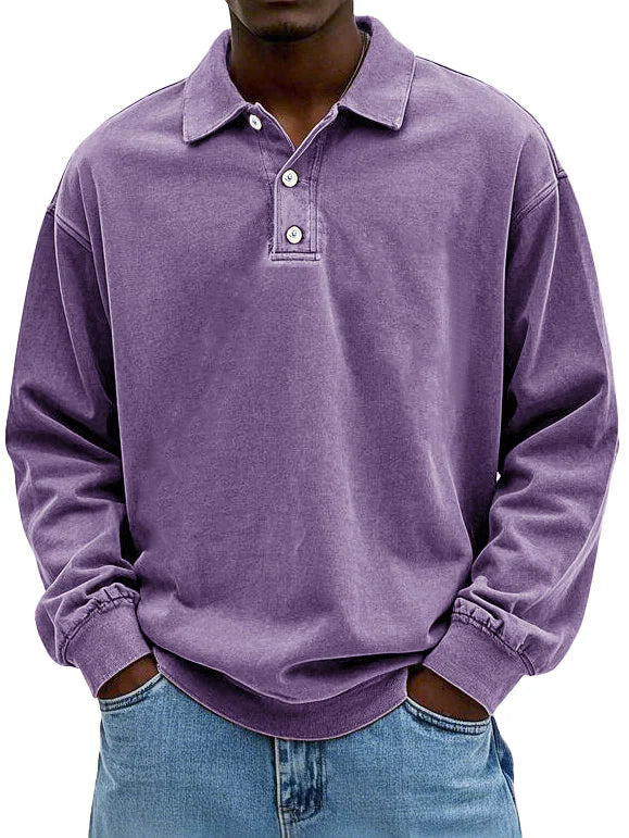 Grey men's long-sleeve polo shirt, essential for a sophisticated casual and smart-casual wardrobe.