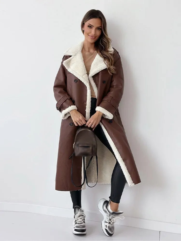 Stylish women's long winter coat, Seraphina model, designed for warmth, elegance, and cold weather comfort.