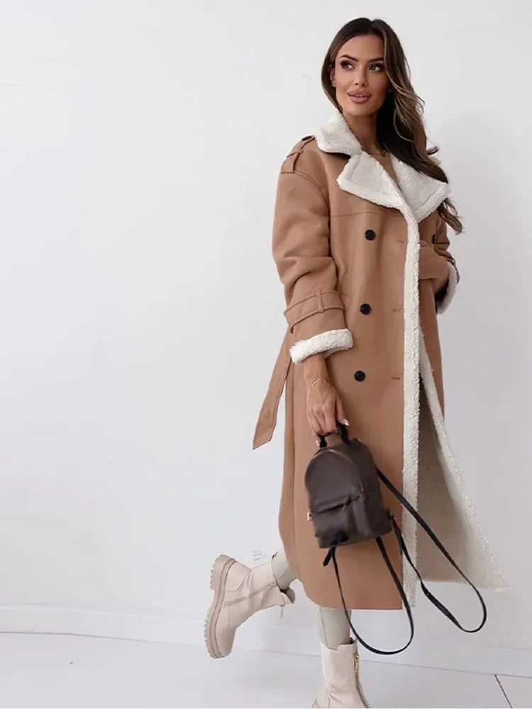 Warm and cozy Seraphina long women's coat. A stylish winter jacket for elegant cold weather fashion.