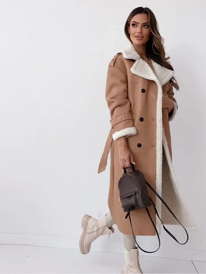 Warm and cozy Seraphina long women's coat. A stylish winter jacket for elegant cold weather fashion.