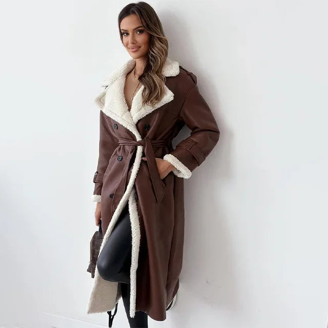 Warm Seraphina long women's winter jacket, offering elevated style and comfort in cold weather.