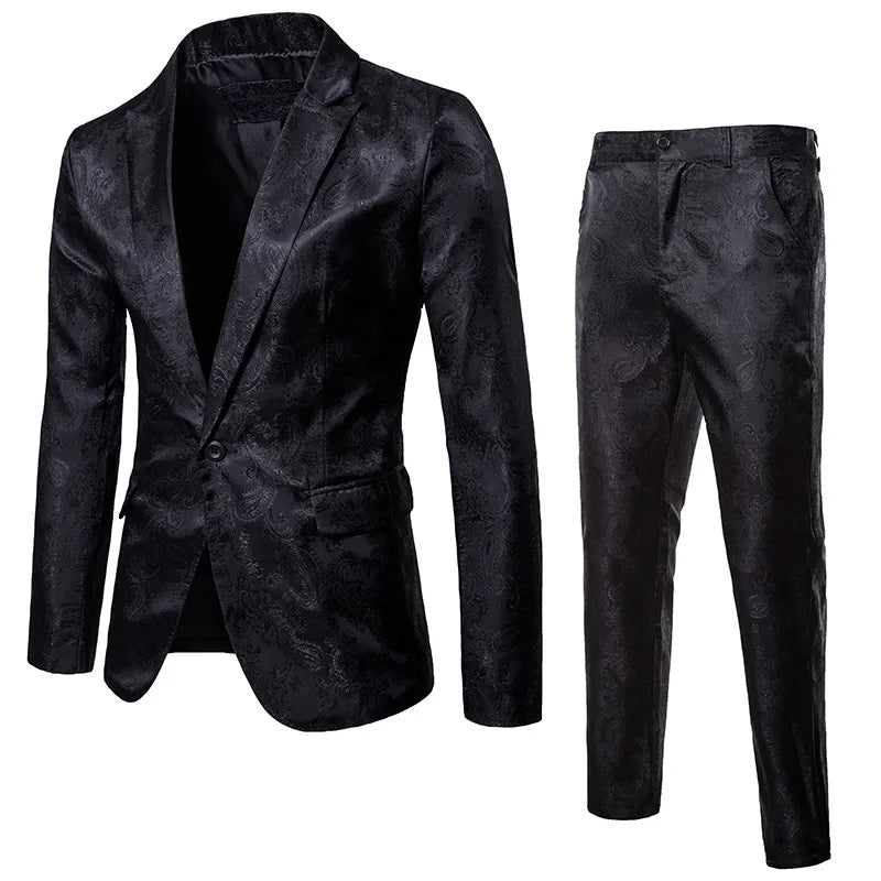 Stylish men's slim fit two-piece suit with classic blazer and dress pants, perfect for formal events & business.