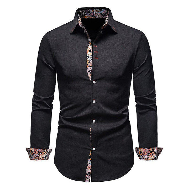 Man in Arvid slim fit button-down dress shirt. Elegant men's long sleeve collared shirt, ideal for formal wear.