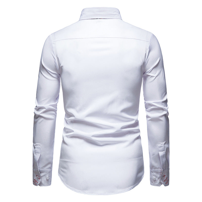 Full front view of Arvid men's stylish slim fit button-down shirt. Versatile men's long sleeve collared shirt.