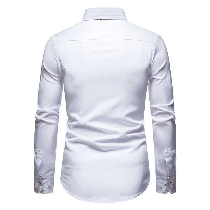 Full front view of Arvid men's stylish slim fit button-down shirt. Versatile men's long sleeve collared shirt.