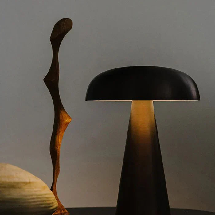 Rechargeable ShroomLite portable LED table lamp, ideal for modern home decor ambiance.