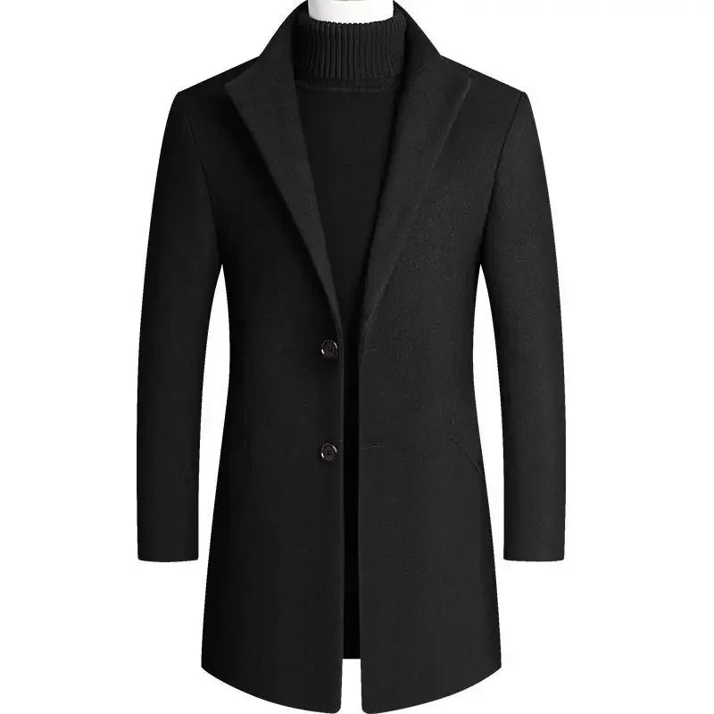 Close-up of a stylish men's slim-fit coat showing the fabric texture, a versatile piece of elegant outerwear.