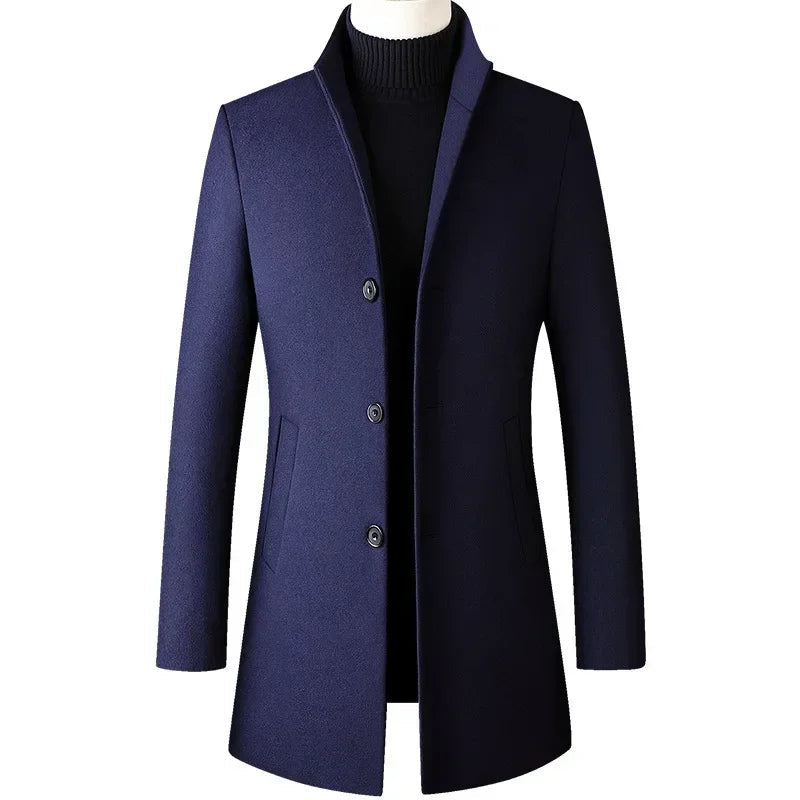 Elegant men's slim-fit coat worn by a model, showcasing its versatile style for both formal and casual outfits.