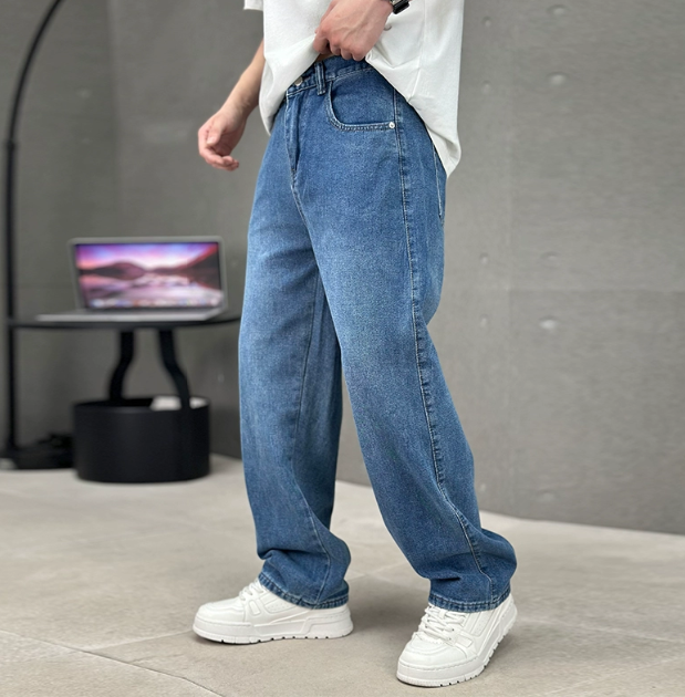Men's stylish straight leg jeans in classic blue, perfect for casual everyday wear & comfort. Versatile fit trousers.