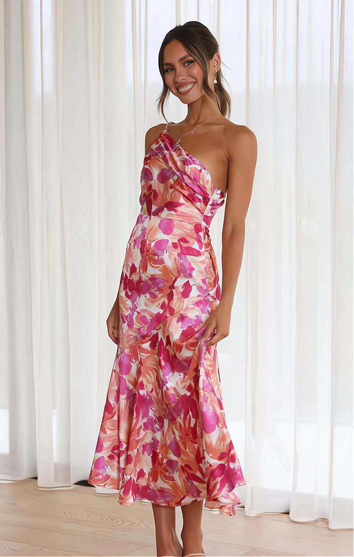 Trendy women's floral off-shoulder summer dress with spaghetti straps, ideal for parties, vacations, and daily wear.