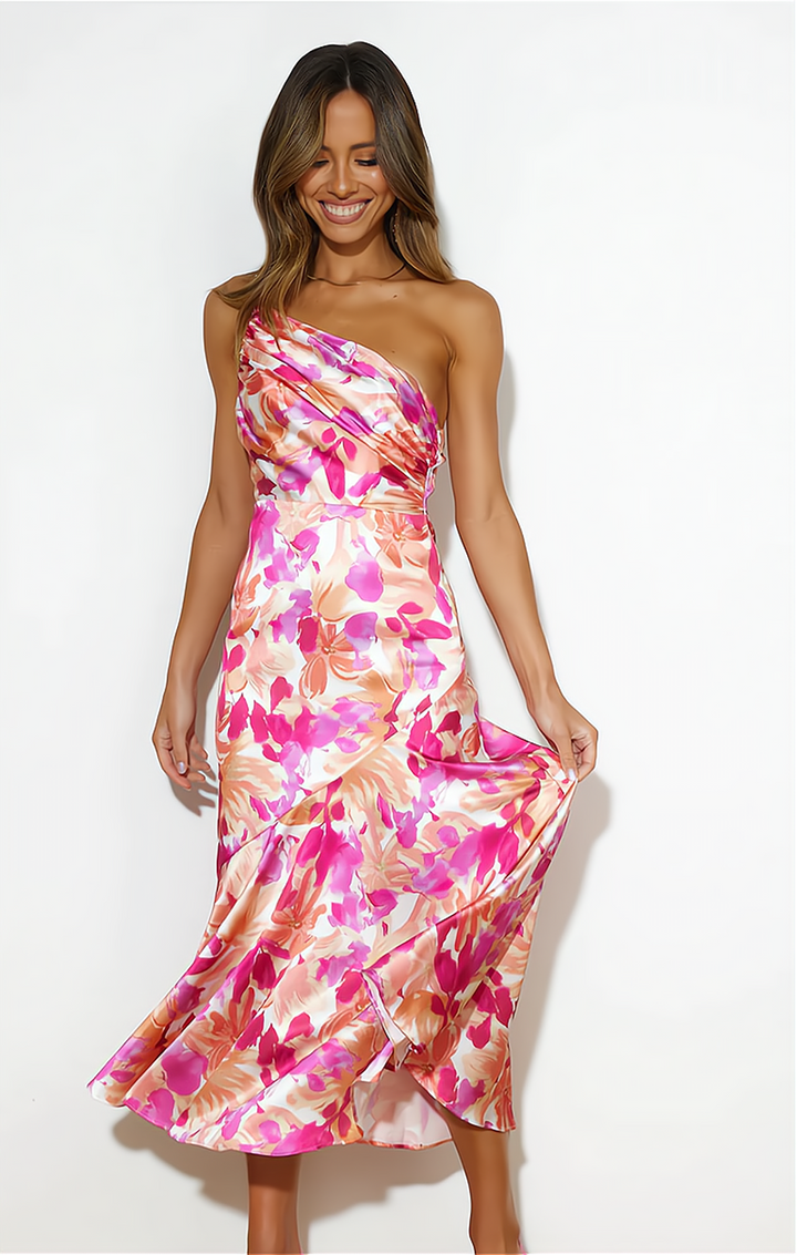 Vibrant floral print women's off-shoulder summer dress, with adjustable spaghetti straps, a trendy vacation outfit.